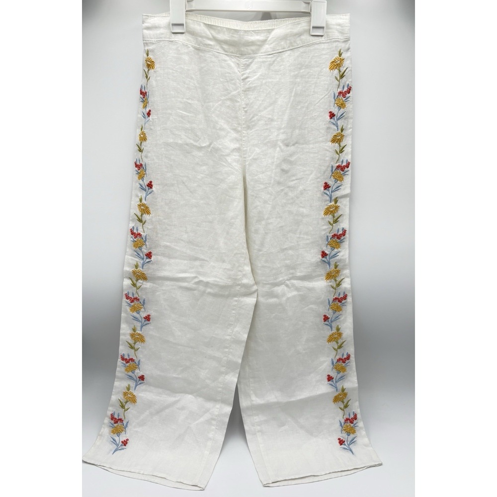 Calypso St. Barth Linen Embroidered Floral Wide Leg Pants White Women's L - Picture 4 of 9